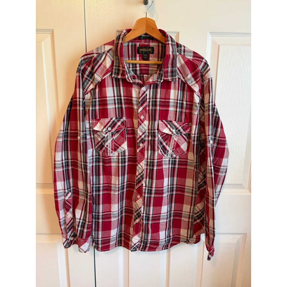 Helix Mens XXL Red Plaid Athletic Fit Long Sleeve Western Button Down Shirt